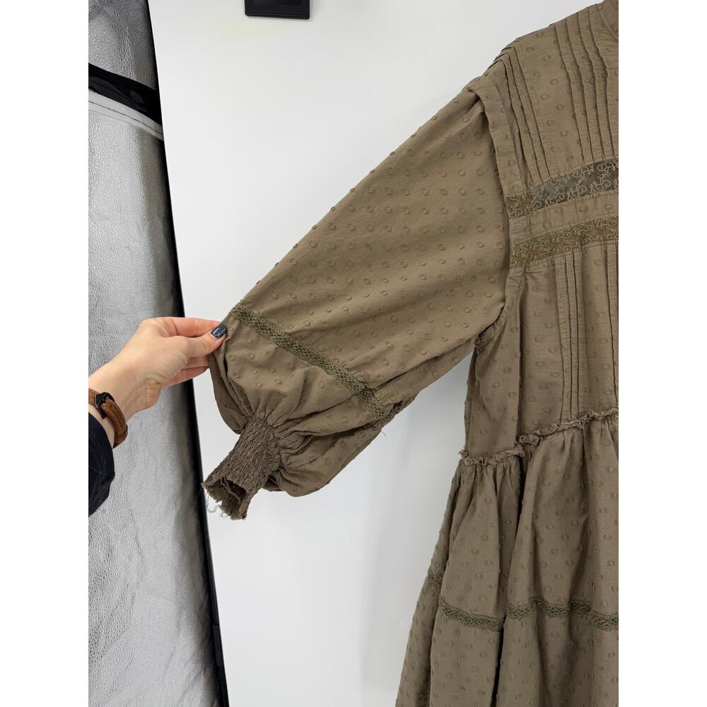 Pilcro Long Sleeve Mock Neck Swing Mini Dress Size L Rustic Olive Boho Eyelet - Picture 6 of 16